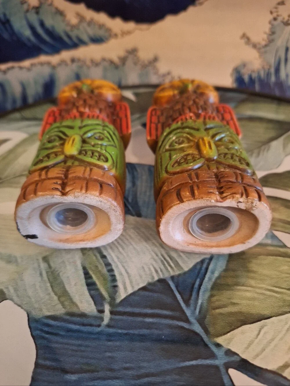 Vintage Hand-Painted Owl & Tiki S&P Pair in Red and Green
